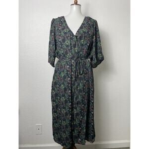Modcloth Dress Belted Floral Print V Neck Pockets Lined